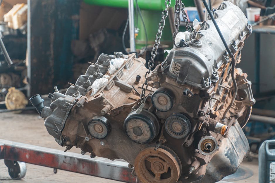 Close-up of a rusty engine lifted in a workshop for maintenance or repair.